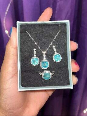 Blue Crystal Jewelry Set - Necklace, Earrings & Ring